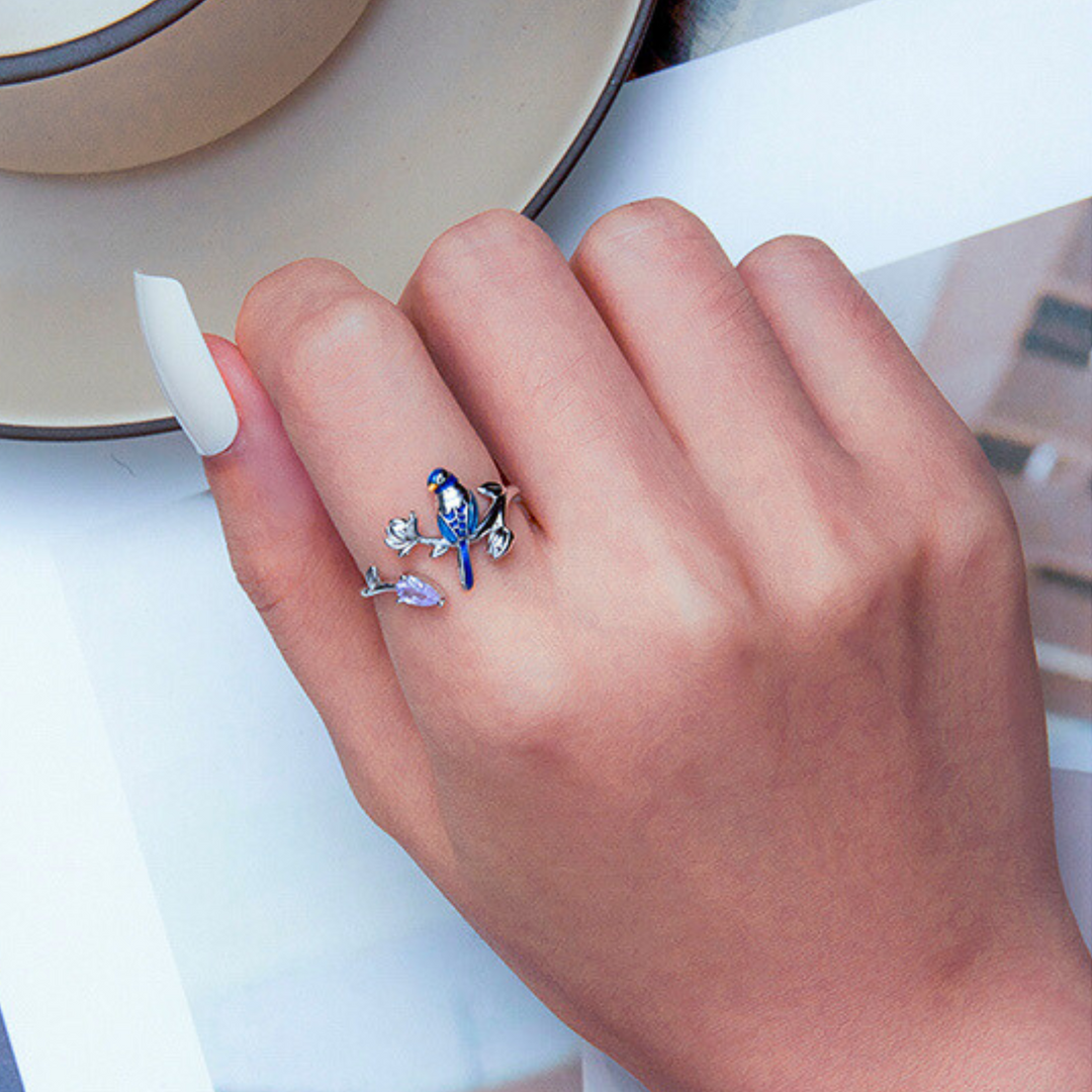 Flower and Bird Adjustable Silver Ring