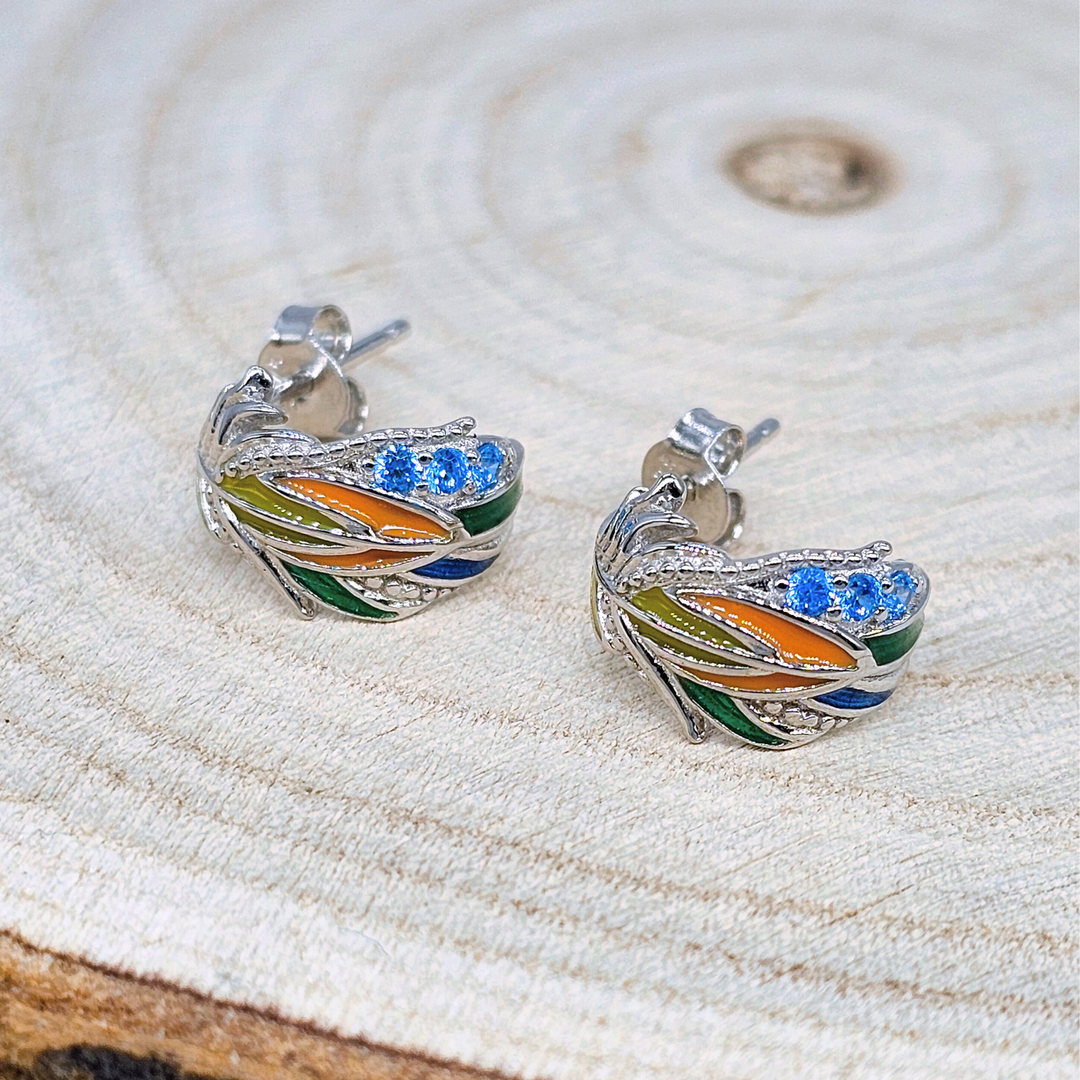 Rainbow Feather Silver Stud Earrings